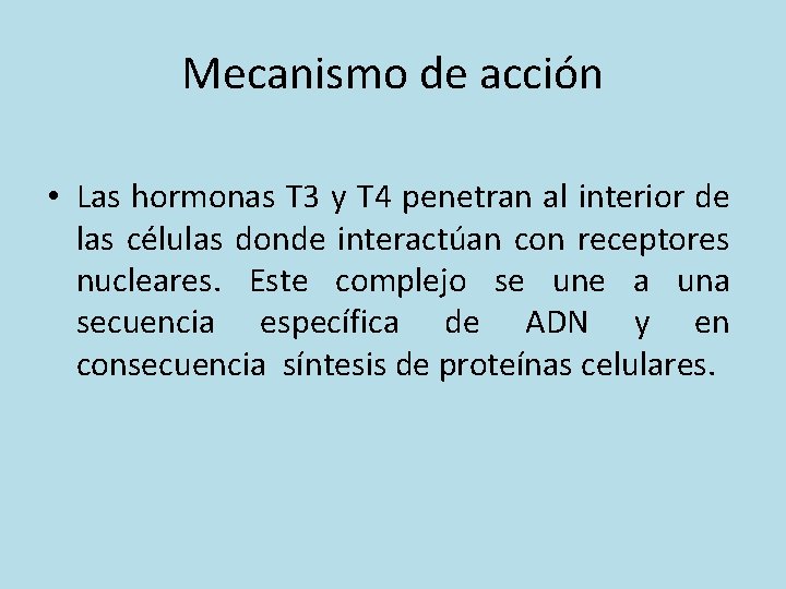 Mecanismo de acción • Las hormonas T 3 y T 4 penetran al interior