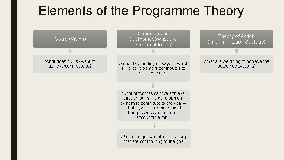 Elements of the Programme Theory Goals (Vision) What does NSDS want to achieve/contribute to?