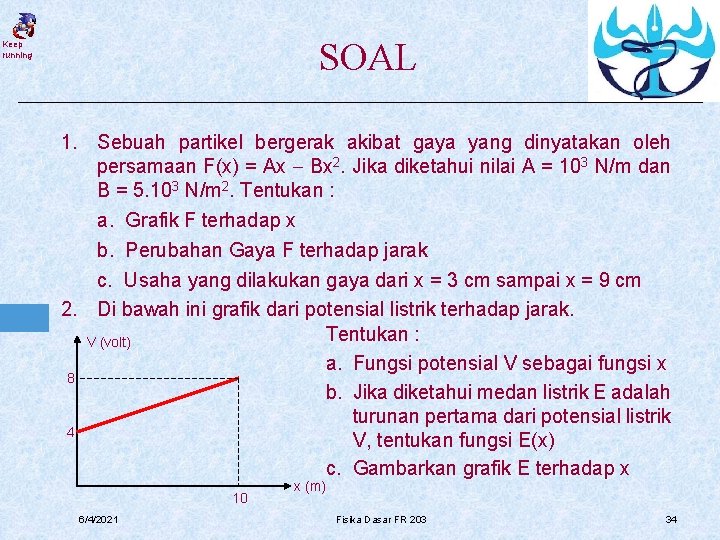 SOAL Keep running 1. Sebuah partikel bergerak akibat gaya yang dinyatakan oleh persamaan F(x)