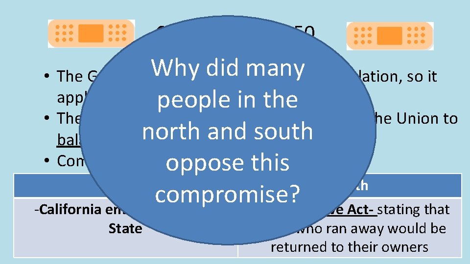 Compromise 1850 Why did. California’s many population, so it • The Gold Rush increased Compromise 1850 Why did. California’s many population, so it • The Gold Rush increased