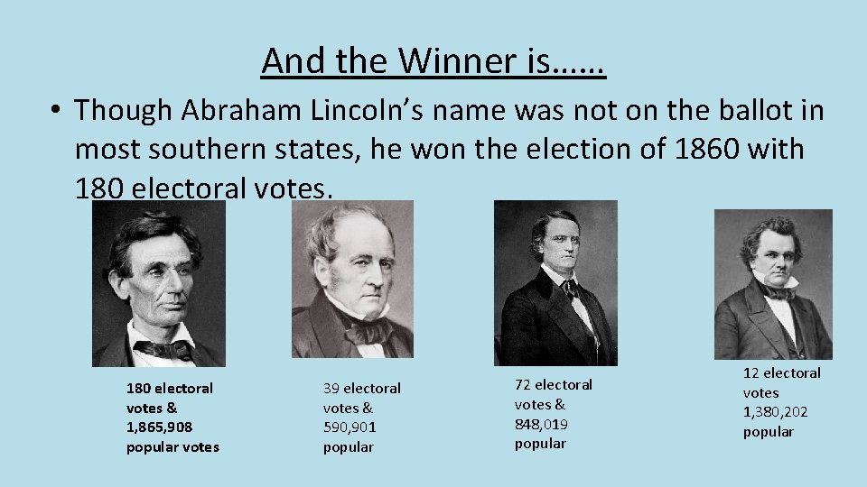 And the Winner is…… • Though Abraham Lincoln’s name was not on the ballot And the Winner is…… • Though Abraham Lincoln’s name was not on the ballot