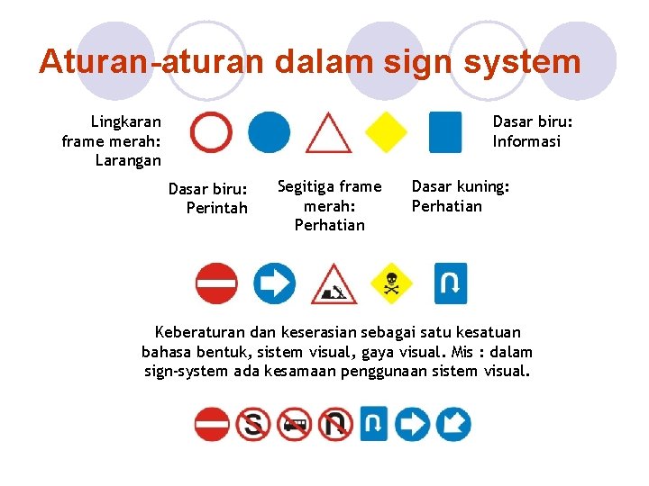 Aturan-aturan dalam sign system Lingkaran frame merah: Larangan Dasar biru: Informasi Dasar biru: Perintah