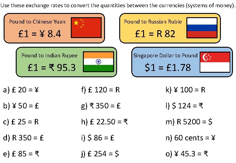 Use these exchange rates to convert the quantities between the currencies (systems of money).