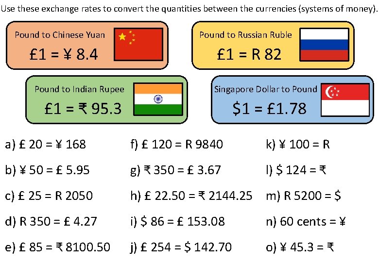 Use these exchange rates to convert the quantities between the currencies (systems of money).