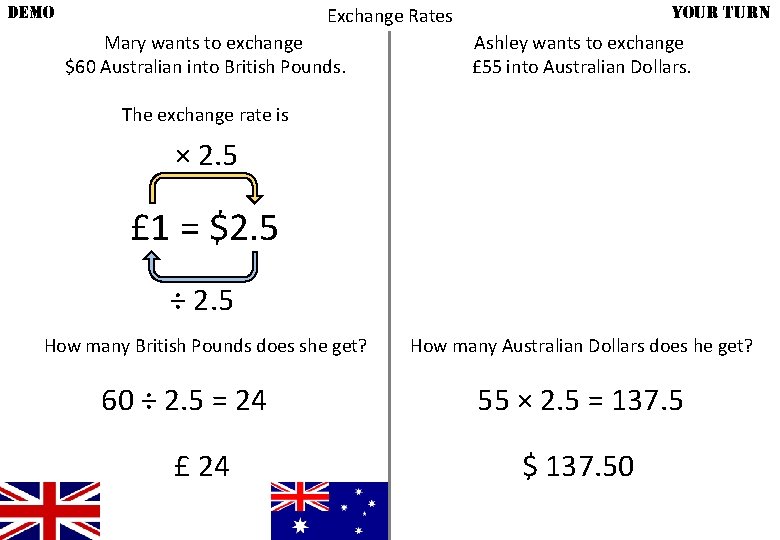 DEMO YOUR TURN Exchange Rates Mary wants to exchange $60 Australian into British Pounds.