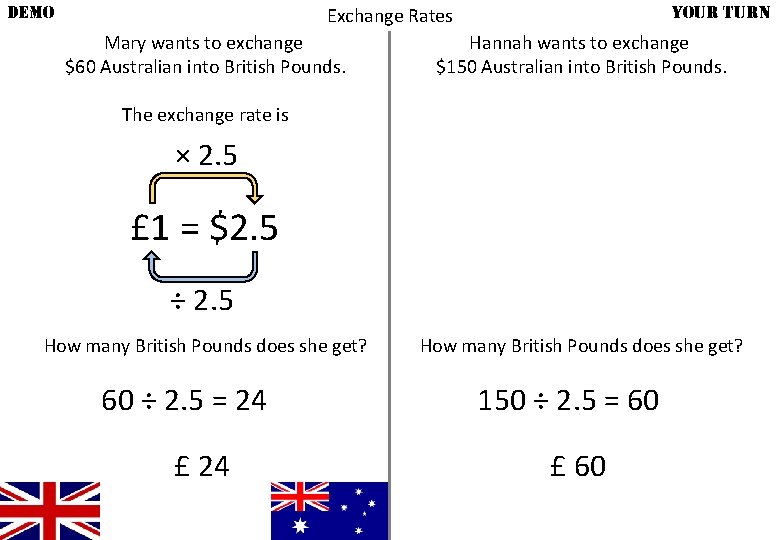 DEMO YOUR TURN Exchange Rates Mary wants to exchange $60 Australian into British Pounds.