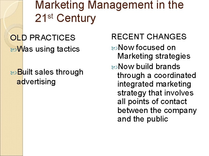 Marketing Management in the 21 st Century OLD PRACTICES Was using tactics Built sales