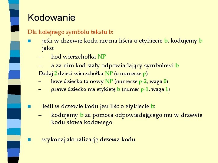 Kodowanie Dla kolejnego symbolu tekstu b: n jeśli w drzewie kodu nie ma liścia