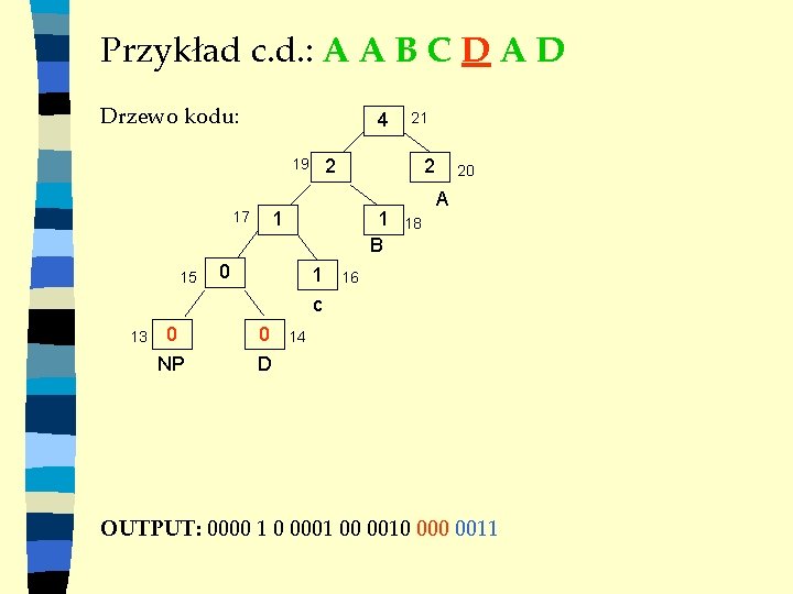 Przykład c. d. : A A B C D A D Drzewo kodu: 4