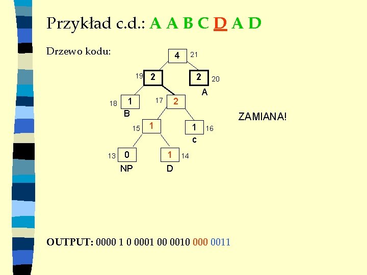 Przykład c. d. : A A B C D A D Drzewo kodu: 4