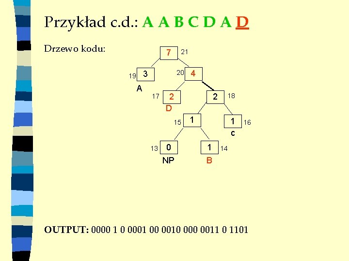 Przykład c. d. : A A B C D A D Drzewo kodu: 7