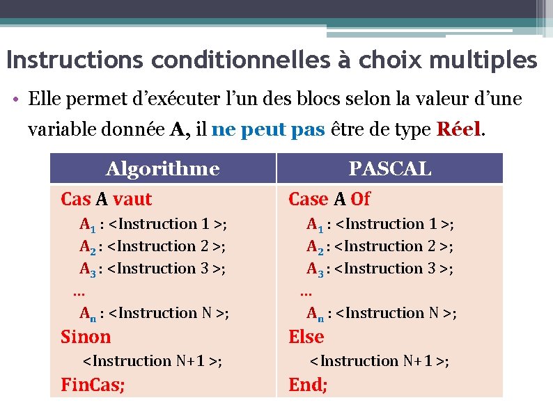 Instructions conditionnelles à choix multiples • Elle permet d’exécuter l’un des blocs selon la
