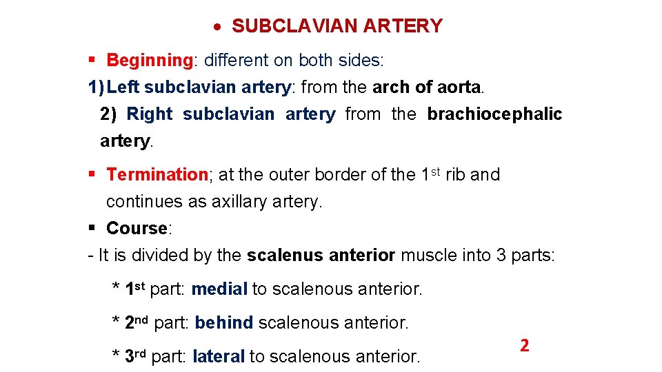  SUBCLAVIAN ARTERY Beginning: different on both sides: 1) Left subclavian artery: from the