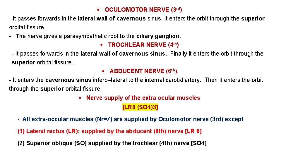  OCULOMOTOR NERVE (3 rd) - It passes forwards in the lateral wall of