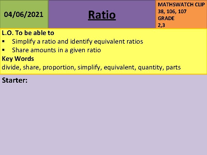 04/06/2021 Ratio MATHSWATCH CLIP 38, 106, 107 GRADE 2, 3 L. O. To be 04/06/2021 Ratio MATHSWATCH CLIP 38, 106, 107 GRADE 2, 3 L. O. To be