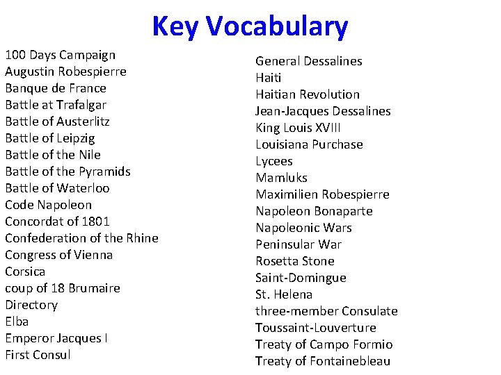 Key Vocabulary 100 Days Campaign Augustin Robespierre Banque de France Battle at Trafalgar Battle Key Vocabulary 100 Days Campaign Augustin Robespierre Banque de France Battle at Trafalgar Battle