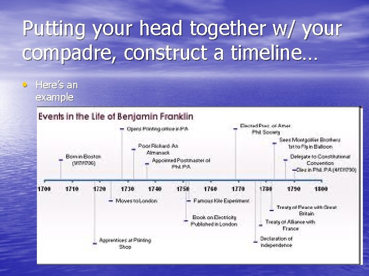 Putting your head together w/ your compadre, construct a timeline… • Here’s an example Putting your head together w/ your compadre, construct a timeline… • Here’s an example