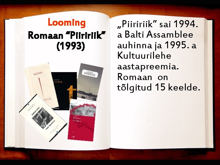 Looming Romaan “Piiririik” (1993) „Piiririik” sai 1994. a Balti Assamblee auhinna ja 1995. a