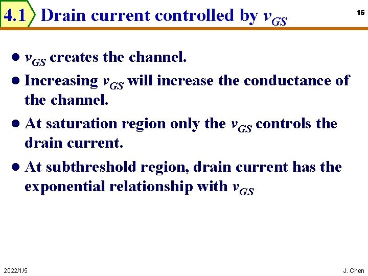 4. 1 Drain current controlled by v. GS 15 l v. GS creates the