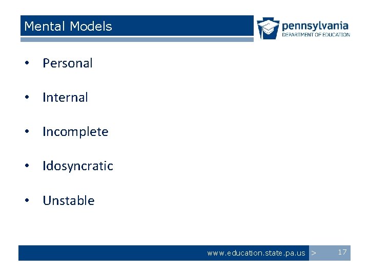 Mental Models • Personal • Internal • Incomplete • Idosyncratic • Unstable www. education.