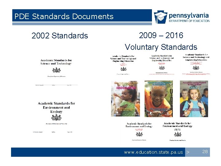 PDE Standards Documents 2002 Standards 2009 – 2016 Voluntary Standards www. education. state. pa.