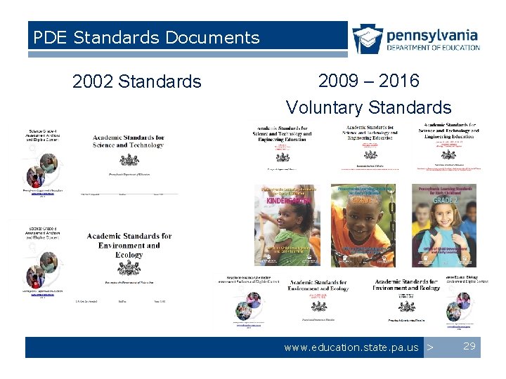 PDE Standards Documents 2002 Standards 2009 – 2016 Voluntary Standards www. education. state. pa.