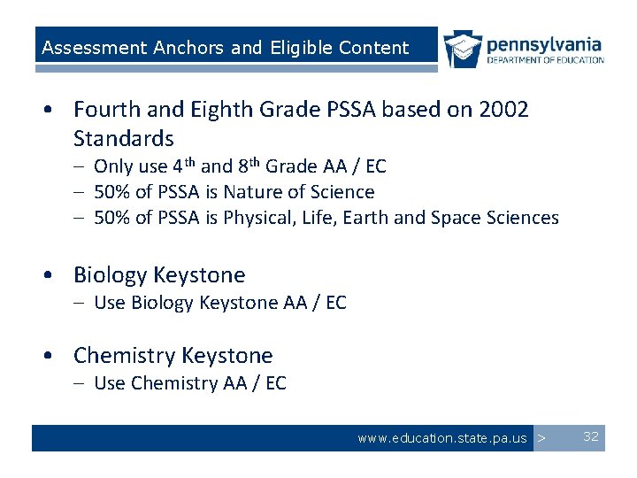 Assessment Anchors and Eligible Content • Fourth and Eighth Grade PSSA based on 2002