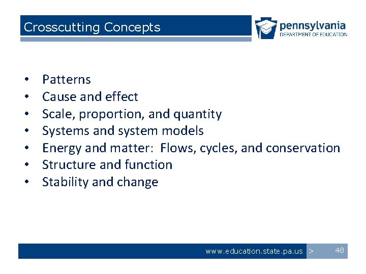 Crosscutting Concepts • • Patterns Cause and effect Scale, proportion, and quantity Systems and