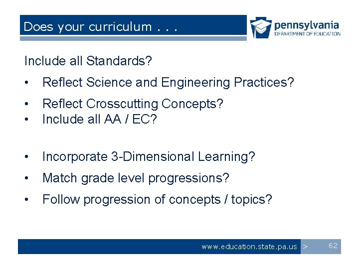 Does your curriculum. . . Include all Standards? • Reflect Science and Engineering Practices?