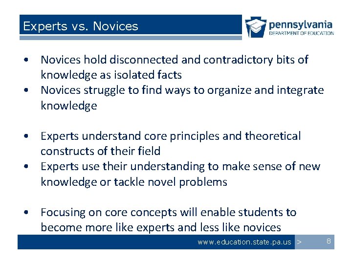 Experts vs. Novices • Novices hold disconnected and contradictory bits of knowledge as isolated