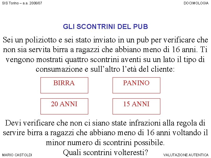 SIS Torino – a. a. 2006/07 DOCIMOLOGIA GLI SCONTRINI DEL PUB Sei un poliziotto