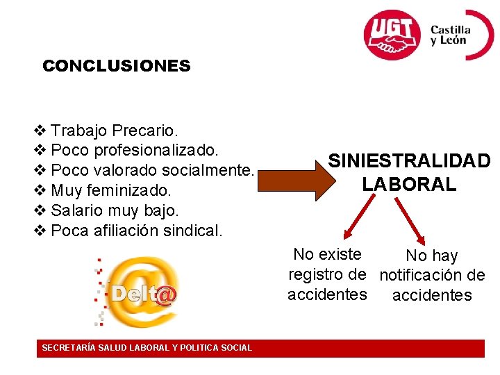 CONCLUSIONES Trabajo Precario. Poco profesionalizado. Poco valorado socialmente. Muy feminizado. Salario muy bajo. Poca