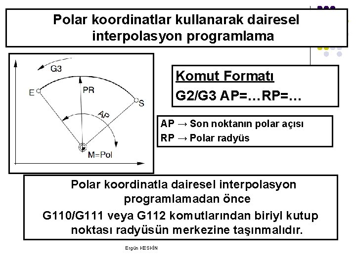 Polar koordinatlar kullanarak dairesel interpolasyon programlama Komut Formatı G 2/G 3 AP=…RP=… AP → Polar koordinatlar kullanarak dairesel interpolasyon programlama Komut Formatı G 2/G 3 AP=…RP=… AP →