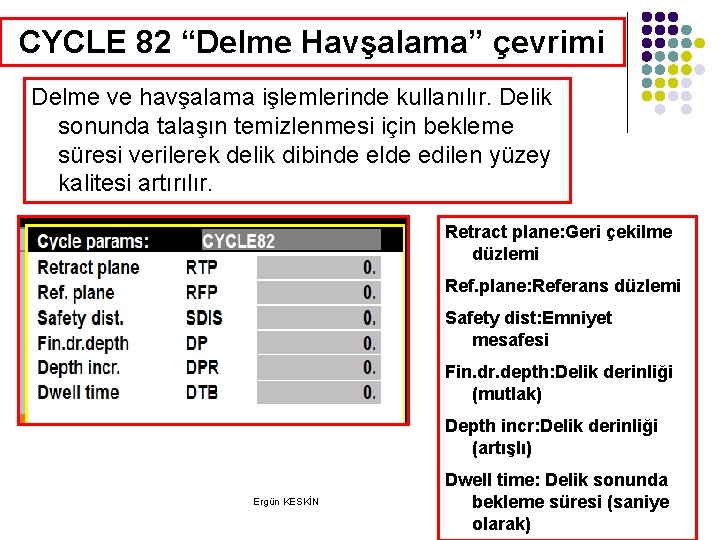 CYCLE 82 “Delme Havşalama” çevrimi Delme ve havşalama işlemlerinde kullanılır. Delik sonunda talaşın temizlenmesi CYCLE 82 “Delme Havşalama” çevrimi Delme ve havşalama işlemlerinde kullanılır. Delik sonunda talaşın temizlenmesi