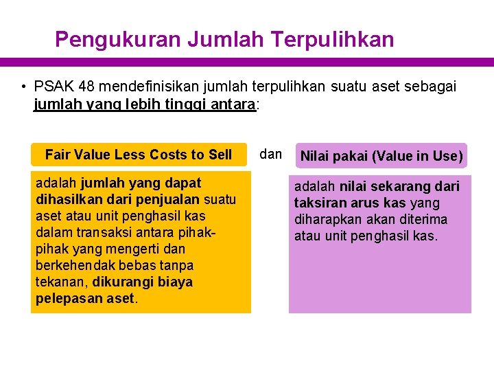 Pengukuran Jumlah Terpulihkan • PSAK 48 mendefinisikan jumlah terpulihkan suatu aset sebagai jumlah yang