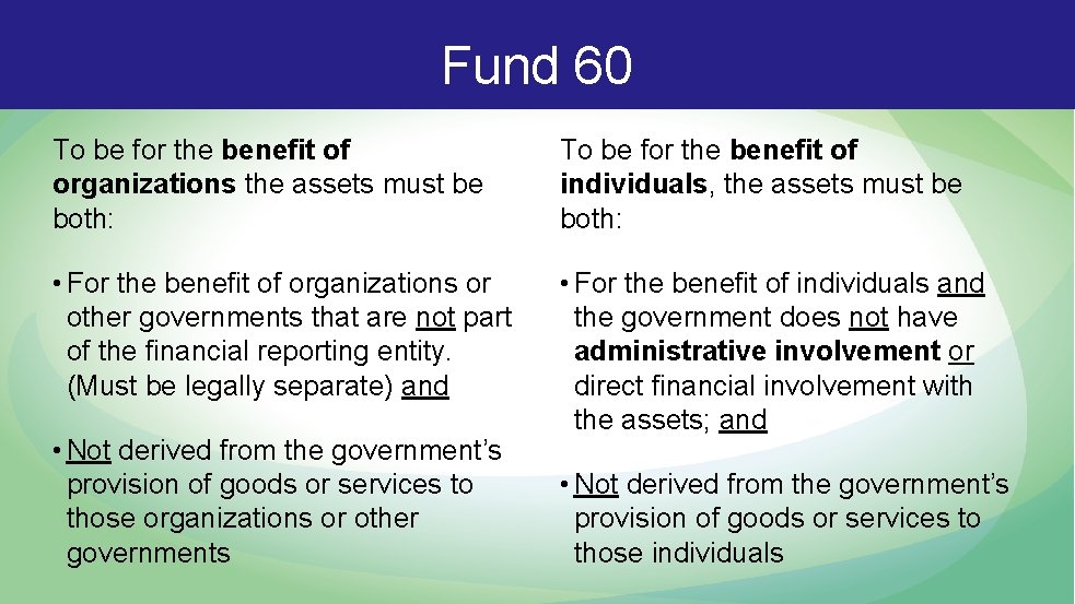Fund 60 To be for the benefit of organizations the assets must be both: