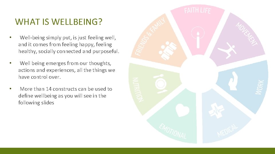 WHAT IS WELLBEING? • Well-being simply put, is just feeling well, and it comes