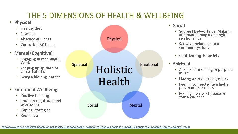 THE 5 DIMENSIONS OF HEALTH & WELLBEING • Physical • • Healthy diet Exercise