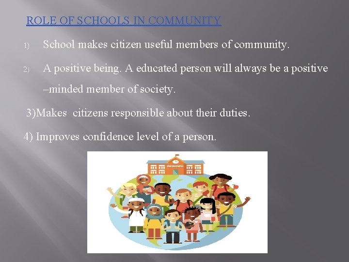 ROLE OF SCHOOLS IN COMMUNITY 1) School makes citizen useful members of community. 2)