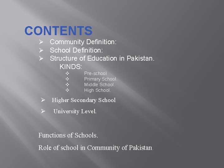 CONTENTS Ø Community Definition: Ø School Definition: Ø Structure of Education in Pakistan. KINDS: