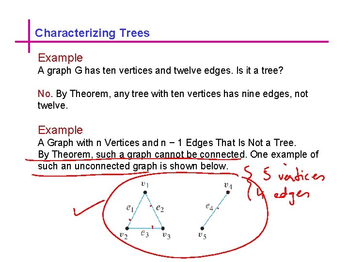 Characterizing Trees Example A graph G has ten vertices and twelve edges. Is it