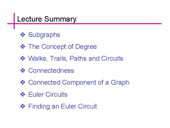 Lecture Summary v Subgraphs v The Concept of Degree v Walks, Trails, Paths and