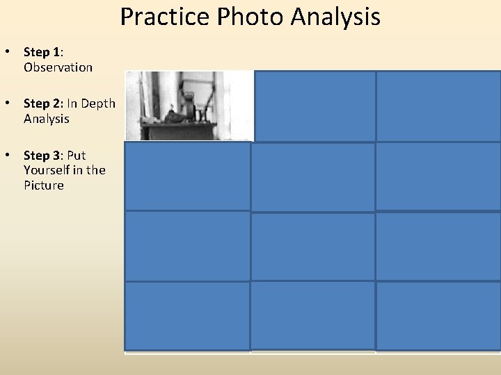 Practice Photo Analysis • Step 1: Observation • Step 2: In Depth Analysis •