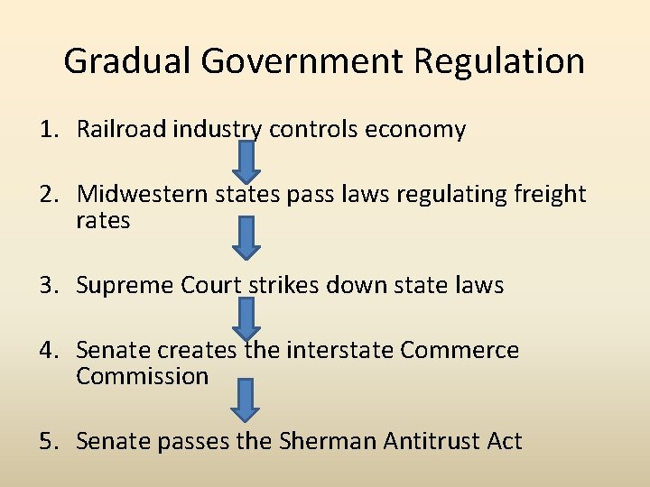 Gradual Government Regulation 1. Railroad industry controls economy 2. Midwestern states pass laws regulating