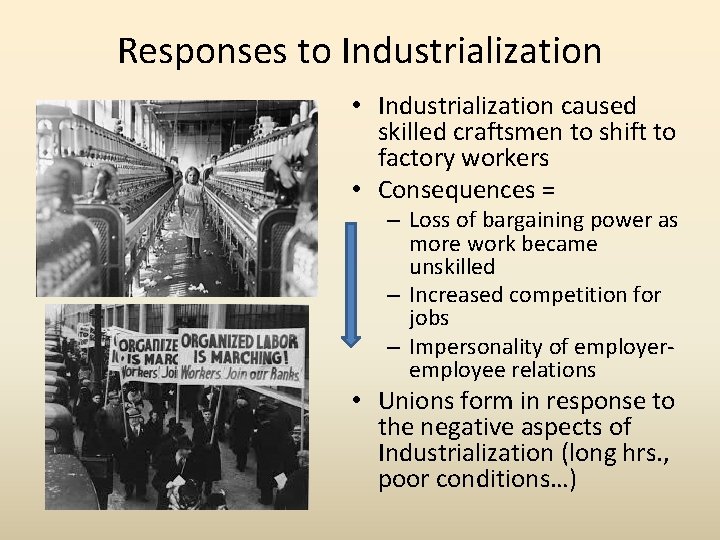 Responses to Industrialization • Industrialization caused skilled craftsmen to shift to factory workers •