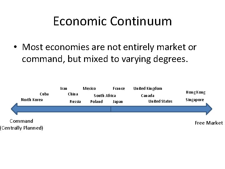 Economic Continuum • Most economies are not entirely market or command, but mixed to