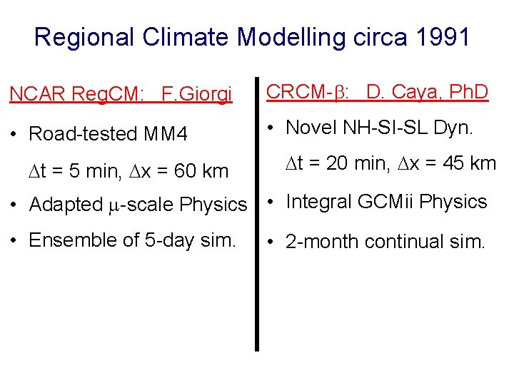 Regional Climate Modelling circa 1991 NCAR Reg. CM: F. Giorgi CRCM- : D. Caya,