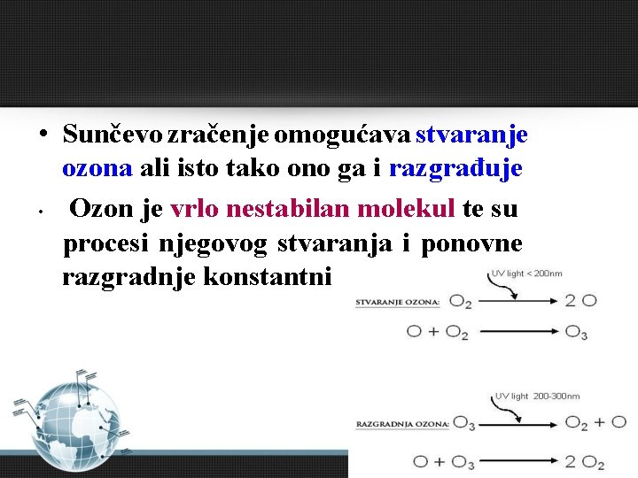  • Sunčevo zračenje omogućava stvaranje ozona ali isto tako ono ga i razgrađuje