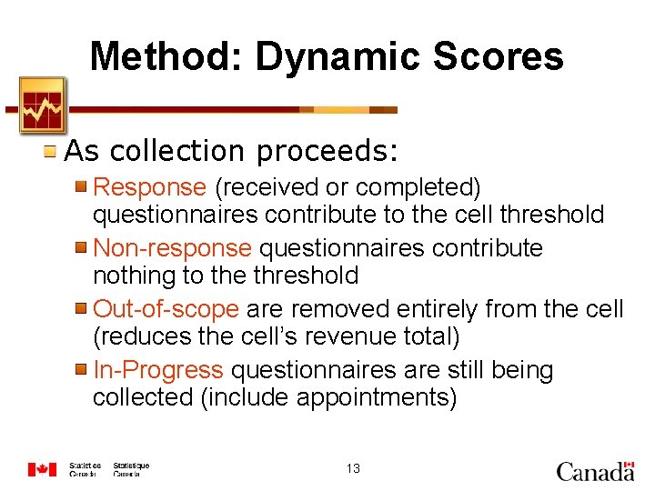 Method: Dynamic Scores As collection proceeds: Response (received or completed) questionnaires contribute to the