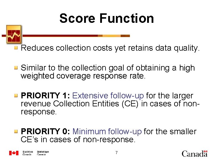 Score Function Reduces collection costs yet retains data quality. Similar to the collection goal